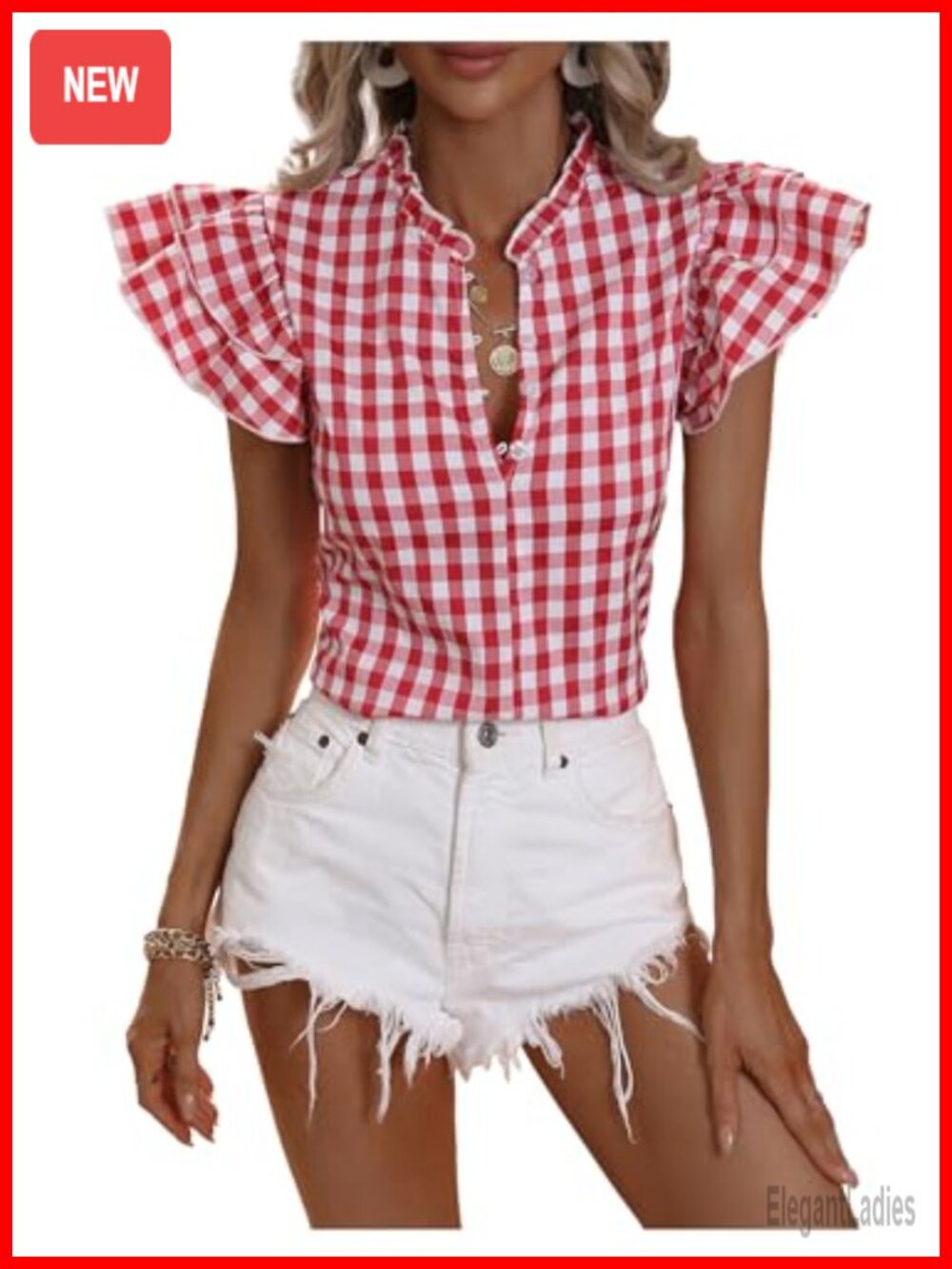 Milumia Women's Plaid Frill V Neck Half Button Layered Blouse Top